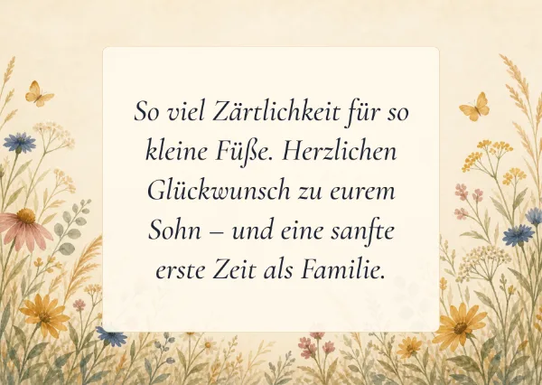 Spruchkarte: So viel Zärtlichkeit für so kleine Füße. Herzlichen Glückwunsch zu eurem Sohn – und eine sanfte erste Zeit als Familie.