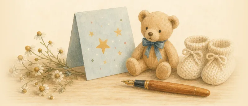 Glückwünsche zur Geburt für einen Jungen: hellblaue Klappkarte mit Sternenmotiv, kleinem Bärchen und Stift auf hellem Holztisch
