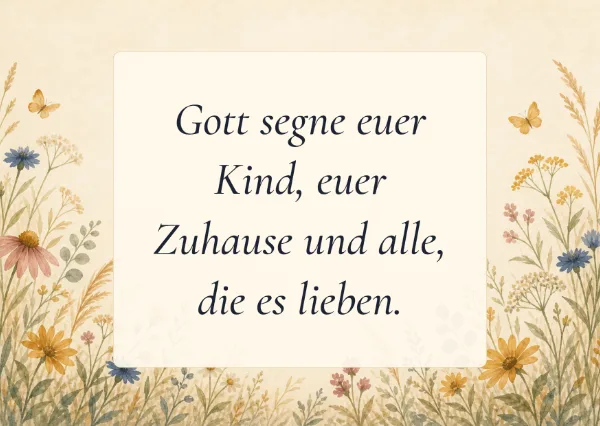 Spruchkarte: Gott segne euer Kind, euer Zuhause und alle, die es lieben.