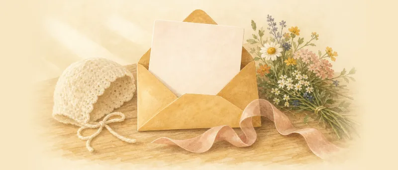 Pastellfarbene Grußkarte im Umschlag, Babymütze und Wiesenblumen auf Holztisch – kurze Glückwünsche zur Geburt herzlich formuliert.