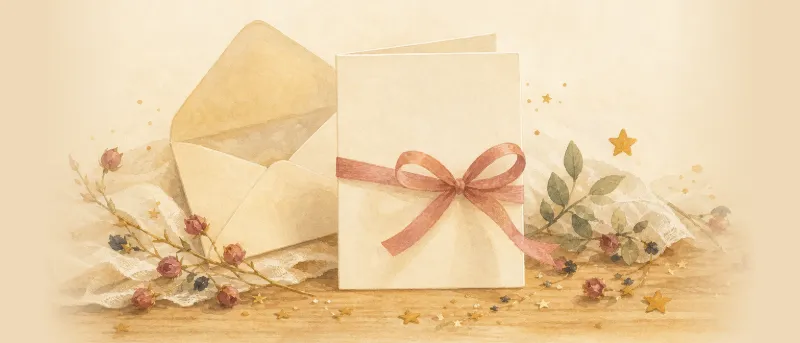 Zarte Glückwunschkarte in Rosé und Creme mit Blüten und feiner Schleife – Titelbild für Glückwünsche zur Geburt eines Mädchens