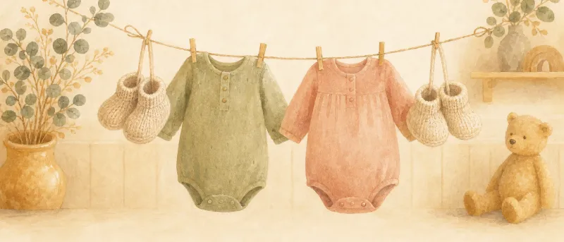 Zwei kleine Strampler und gestrickte Babyschuhe an einer Schnur: Glückwünsche zur Geburt von Zwillingen.