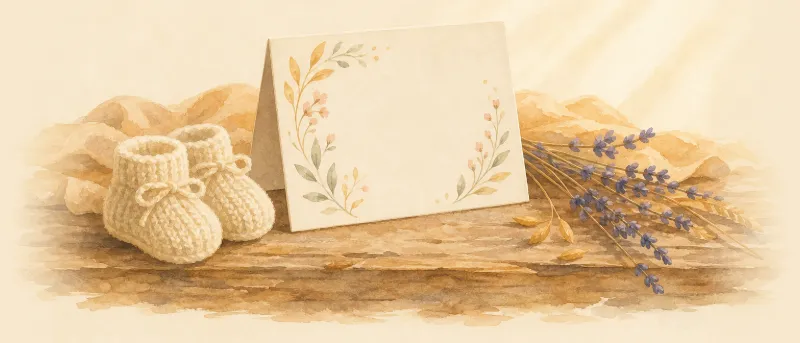 Glückwünsche zur Geburt: Zarte Karte mit Blumenkranz neben gestrickten Babyschuhen und Lavendel auf einem Holztisch.