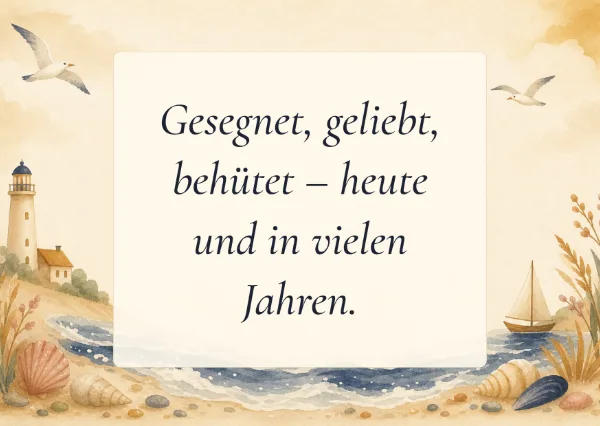 Spruchkarte: Gesegnet, geliebt, behütet – heute und in vielen Jahren.