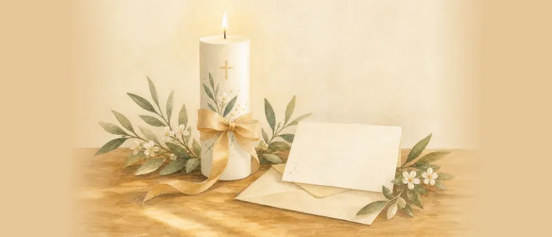 Taufkerze mit Schleife, zarte Blütenzweige und eine Karte für Glückwünsche zur Taufe auf einem Holztisch.