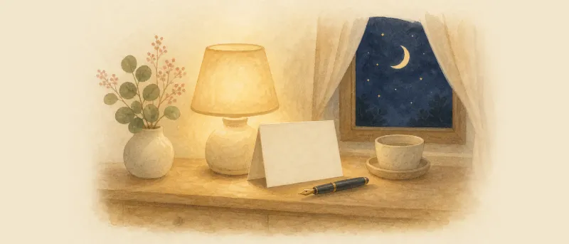 Gute-Nacht-Sprüche auf einer kleinen Karte neben einer Nachttischlampe vor dunkelblauem Sternenhimmel