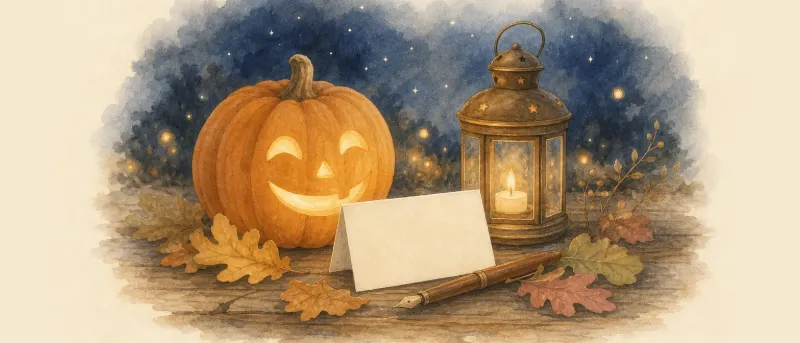 Leuchtender Kürbis und Laterne neben einer Grußkarte – Halloween-Sprüche für Karte und WhatsApp