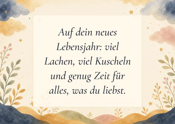 Spruchkarte: Auf dein neues Lebensjahr: viel Lachen, viel Kuscheln und genug Zeit für alles, was du liebst.