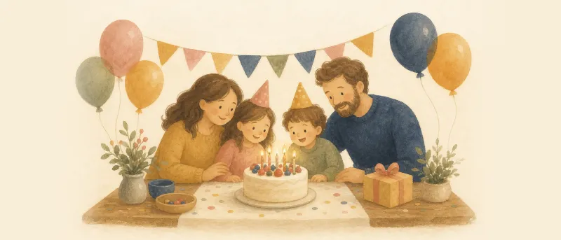 Festlich gedeckter Tisch mit Torte, Luftballons und Girlande – passende Sprüche zum Kindergeburtstag.