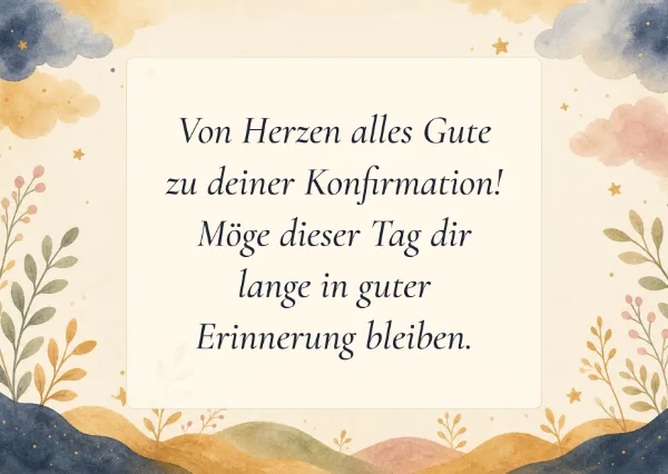 Spruchkarte: Von Herzen alles Gute zu deiner Konfirmation! Möge dieser Tag dir lange in guter Erinnerung bleiben.