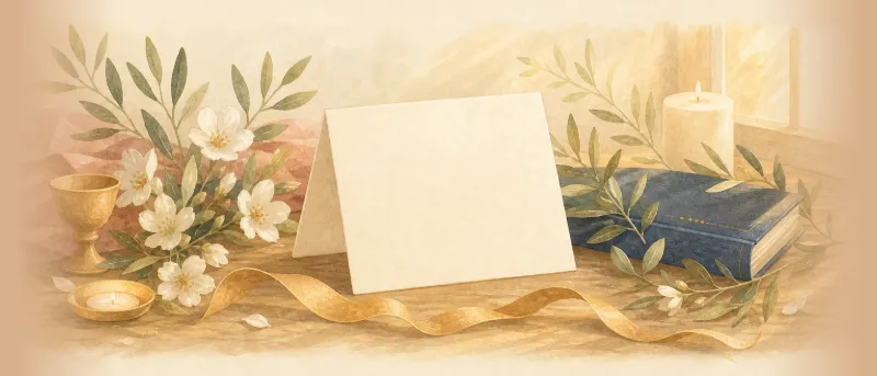 Festliche Konfirmationskarte mit Blütenzweigen und Geschenkband auf Holztisch – Glückwünsche zur Konfirmation.