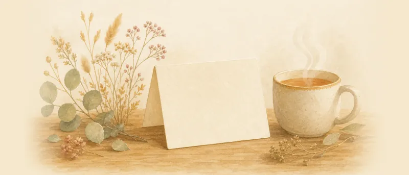 Aufgeklappte Grußkarte auf einem Holztisch, daneben eine Tasse Tee und getrocknete Wildblumen – Titelbild der Mama-Sprüche
