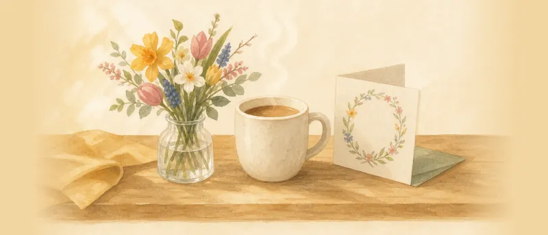 Klappkarte für Sprüche zum Muttertag auf einem Holztisch neben einer Tasse Kaffee und bunten Frühlingsblumen im sanften Morgenlicht.