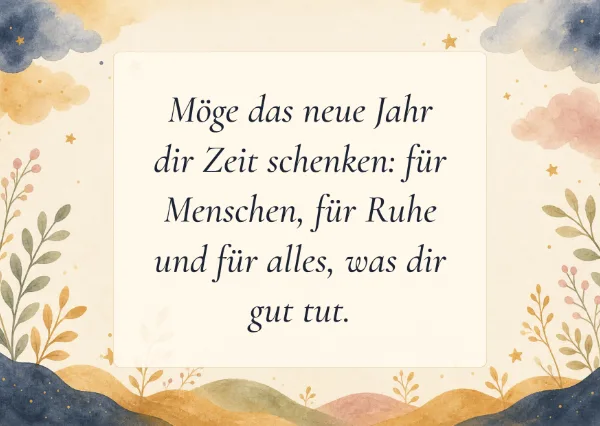 Spruchkarte: Möge das neue Jahr dir Zeit schenken: für Menschen, für Ruhe und für alles, was dir gut tut.