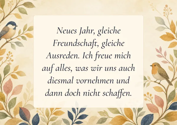 Spruchkarte: Neues Jahr, gleiche Freundschaft, gleiche Ausreden. Ich freue mich auf alles, was wir uns auch diesmal vornehmen und dan