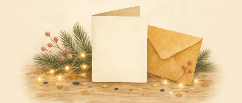 Neujahrswünsche: Festliche Grußkarte und Umschlag neben goldenem Konfetti und Tannenzweigen auf einem Holztisch