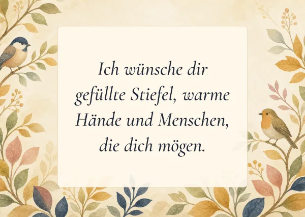 Spruchkarte: Ich wünsche dir gefüllte Stiefel, warme Hände und Menschen, die dich mögen.