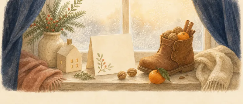 Nikolausgrüße: Grußkarte neben einem geputzten Stiefel mit Nüssen und Mandarinen – Titelbild