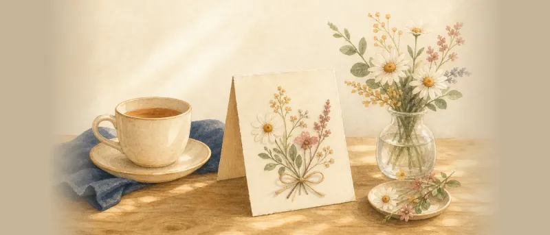 Selbst gestaltete Karte mit Blumen und Teetasse auf einem Küchentisch als Beispiel für Sprüche für Oma