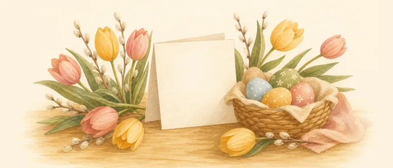 Osterkarte für Ostergrüße auf einem Holztisch, umgeben von bunten Ostereiern, Weidenkätzchen und Tulpen