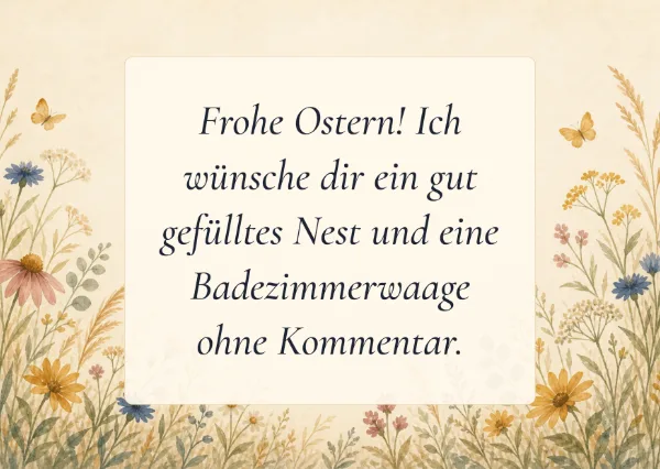 Spruchkarte: Frohe Ostern! Ich wünsche dir ein gut gefülltes Nest und eine Badezimmerwaage ohne Kommentar.
