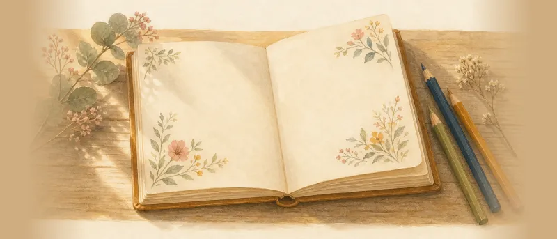 Aufgeschlagenes Poesiealbum mit zarten Blumenzeichnungen, daneben Buntstifte – Titelbild für die Poesiealbum-Sprüche