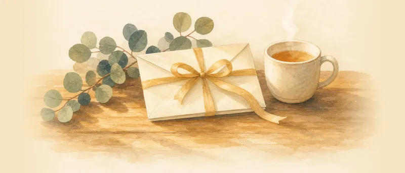 Cremefarbene Karte für Glückwünsche zur Schwangerschaft neben einer Tasse Tee und Eukalyptus auf einem Holztisch