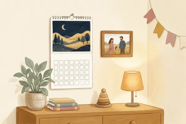 Wandkalender mit Naturmotiv neben einem Bilderrahmen für passende Sprüche und Glückwünsche