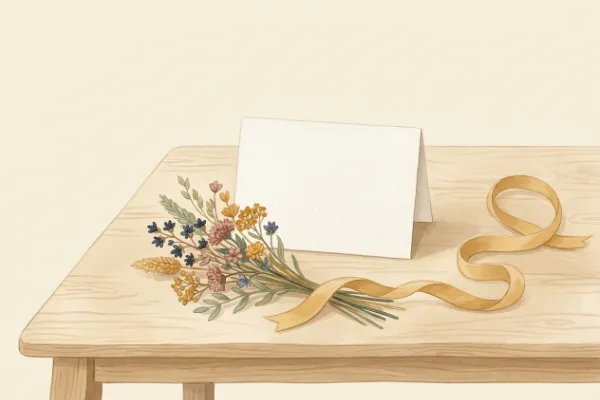 Glückwunschkarte neben getrockneten Blumen auf hellem Holztisch für herzliche Sprüche und Glückwünsche