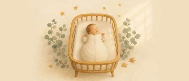 Neugeborenes Baby schläft friedlich in einer Wiege, umgeben von zarten Zweigen und warmem Licht – Titelbild zu Sprüchen zur Geburt.