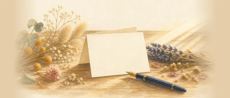 Schöne Klappkarte auf einem Holztisch neben getrockneten Wildblumen und Füller – Titelbild der Sprüche für die Tochter.