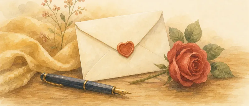 Grußkarte mit Herzsiegel neben einer roten Rose und einem Füller für Valentinstag-Sprüche