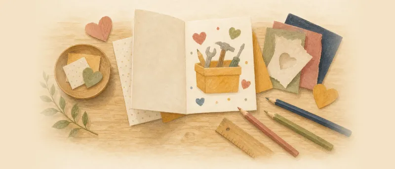 Selbst gestaltete Grußkarte für Vatertag-Sprüche mit Kinderzeichnung, Buntstiften und Bastelzubehör auf einem Holztisch