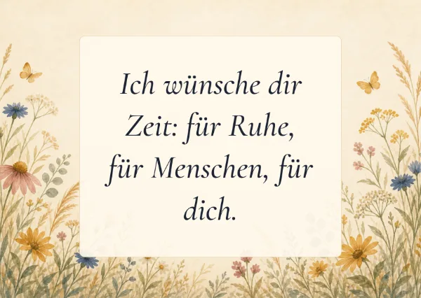 Spruchkarte: Ich wünsche dir Zeit: für Ruhe, für Menschen, für dich.