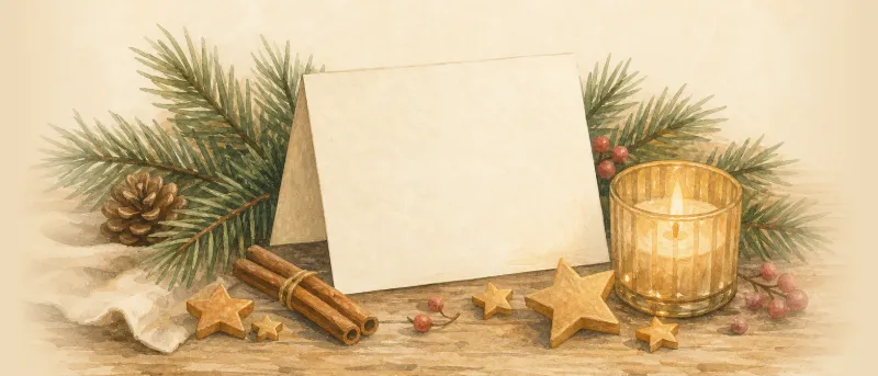 Karte für Weihnachtswünsche auf einem Holztisch neben Tannenzweigen, goldenen Holzsternen und einer warm leuchtenden Kerze.
