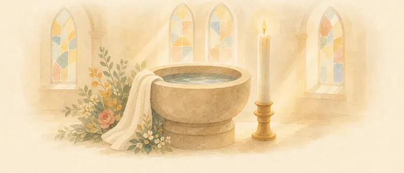 Taufbecken mit Wasser und brennender Taufkerze vor dem Altar einer Kirche – Titelbild zum Ablauf der Taufe