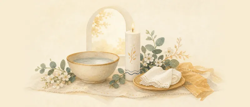 Weiße Taufkerze, Taufschale mit Wasser und Blumen auf einem Tisch – Titelbild zur Taufe