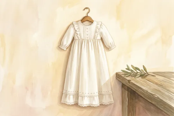 Weißes Taufkleid mit Spitzenbesatz auf einem Bügel – Symbol für die Taufe