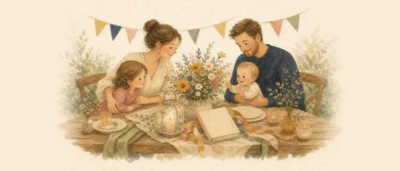 Willkommensfest: festlich gedeckte Tafel mit Willkommenskerze, Gästebuch und Blumen für das Baby