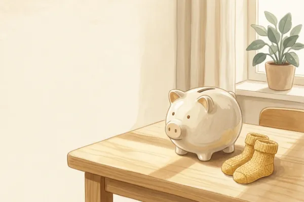 Sparschwein und kleine Babysocken auf einem hellen Tisch als Symbol für die Elterngeld-Planung
