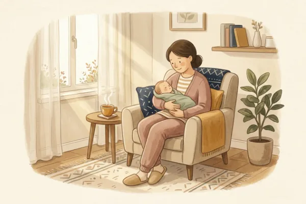 Illustration einer Mutter mit Baby im Arm nach dem Mutterschutz – Elternzeit-Beginn planen mit dem Elternzeit-Rechner