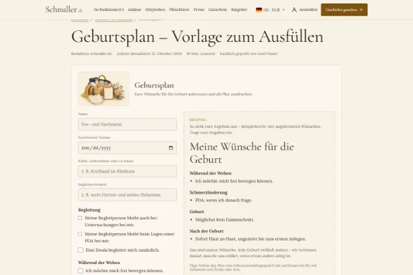 Geburtsplan-Generator mit den Bereichen für Wünsche während der Wehen und nach der Geburt