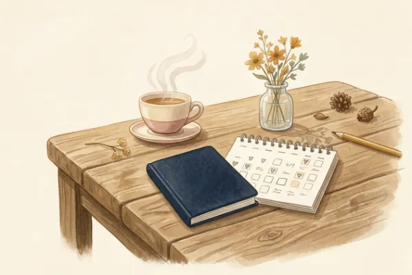 Mutterpass, Kalender und Teetasse auf einem Holztisch für errechneten Geburtstermin und Vorsorgetermine im Geburtstermin-Rechner.