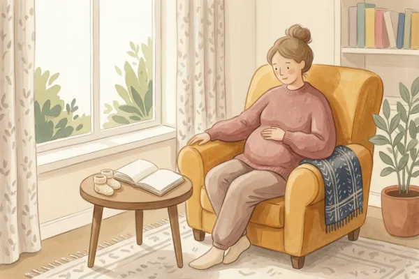 Schwangere Frau im Sessel mit Notizbuch und Babyschuhen für Schwangerschaftswochen, Mutterschutz und Geburtstermin-Rechner.