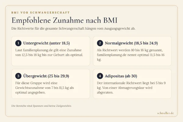 Infografik zu den vier BMI-Gruppen vor der Schwangerschaft und ihren jeweiligen Richtwerten für die Gewichtszunahme.