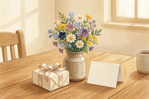 Blumenstrauß und Karte als kleine Aufmerksamkeit zum Namenstag