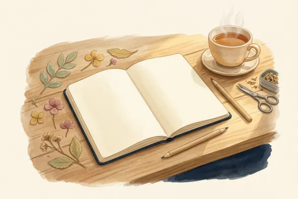 Aufgeschlagenes Notizbuch für den Namenstag-Kalender mit Stift und Teetasse auf einem Holztisch