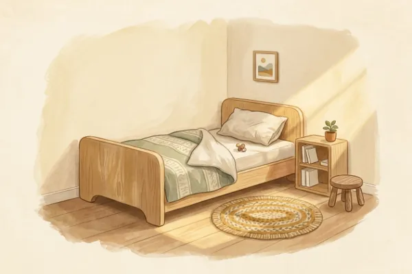 Schnuller liegt neben einem Kissen im Bett eines Kleinkinds