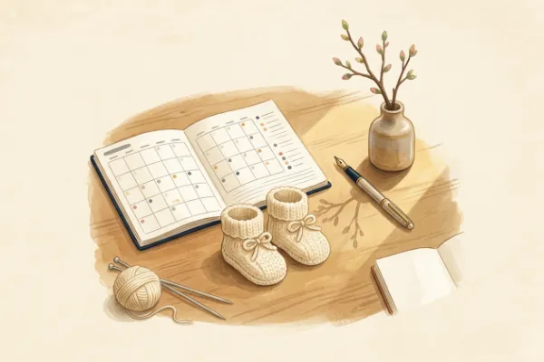 Gestrickte Babyschuhe neben aufgeschlagenem Kalender auf Holztisch – errechneter Geburtstermin mit dem SSW-Rechner.