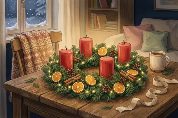 Adventskranz mit vier Kerzen und Tannenzweigen auf einem Wohnzimmertisch in der Adventszeit